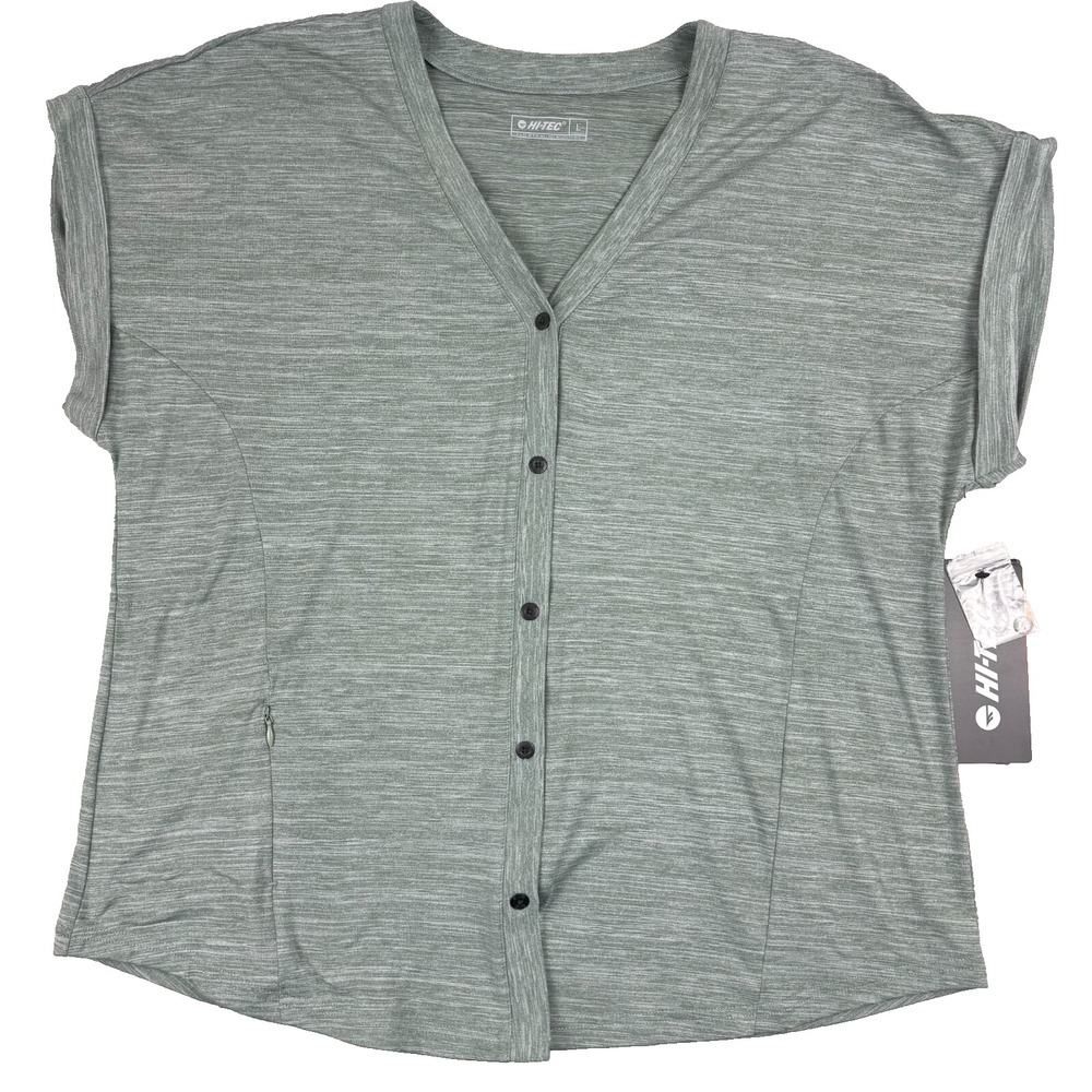 HI-TEC Womens Dolman Short Sleeve Performance Button‎ Front Shirt Top - Sage L